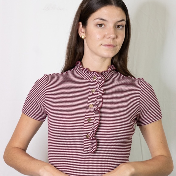 Tory Burch red white stripe ruffle Lidia polo top - Picture 1 of 8